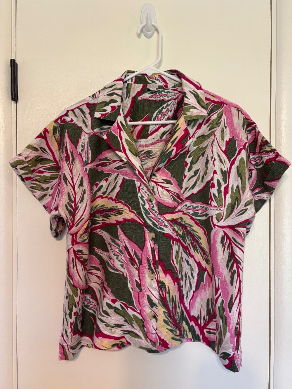 LOFT Beach Women's Tropical Palm Print S/S Linen Button-Front Shirt Top M